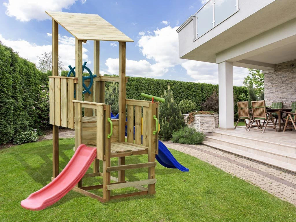 Pirate Outdoor Wooden Play Tower with 2 Free Slides